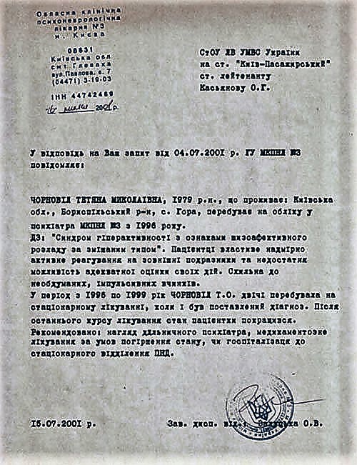 справка по Татьяне Черновол по поводу того, что она состоит на учете в психиатрической лечебнице