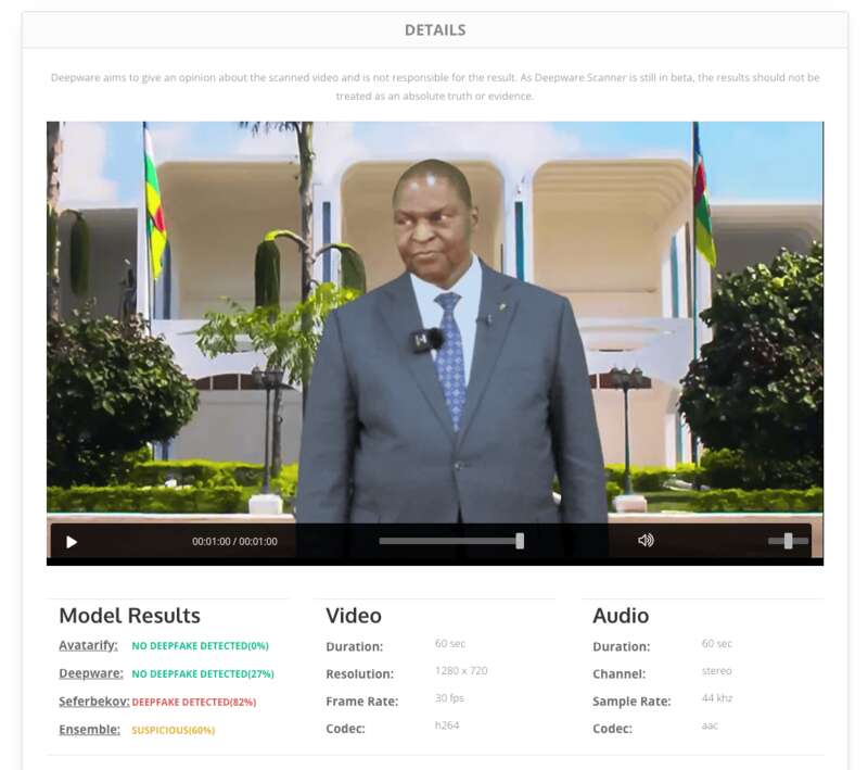 Результаты проверки видео президента ЦАР Фаустион-Аршанжа Туадера на наличие подделок. Источник: Deepware.  qzeiqtziddkiqeukmp