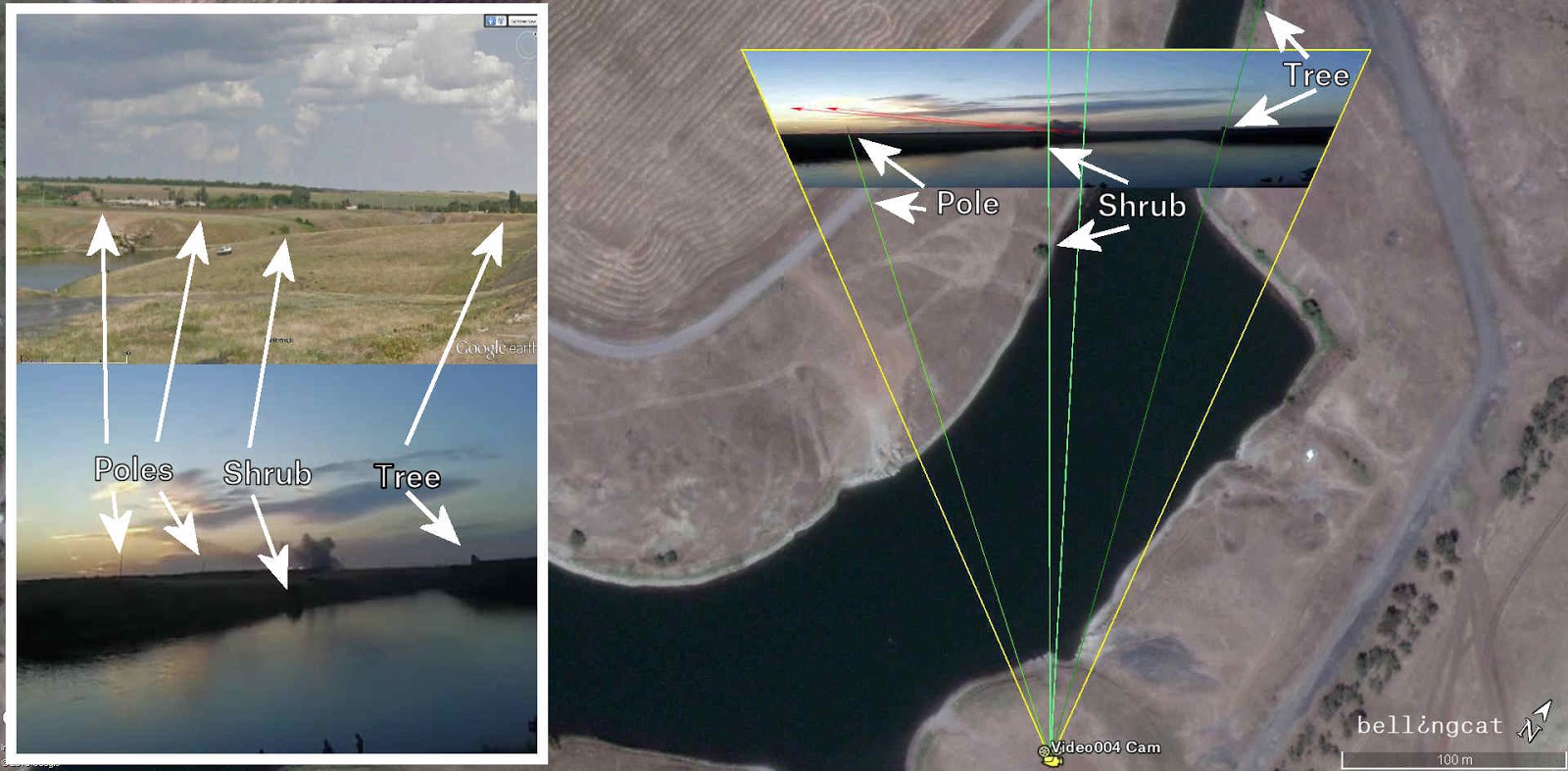 Camera location of Video004 – light green lines in the middle point toward the firing position